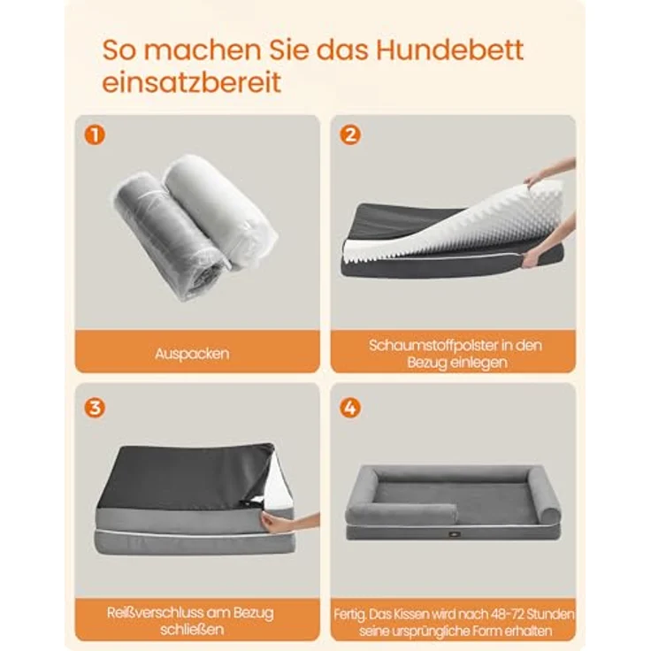 Feandrea Orthopädisches Hundebett, Hundekissen, Hundekorb, weiche Polsterung, Hundesofa, erhöhte Ränder, Bezug abnehmbar und waschbar, 135 x 107 x 25 cm, rutschfeste Unterseite, hellgrau PGW079G02 – Bild 10