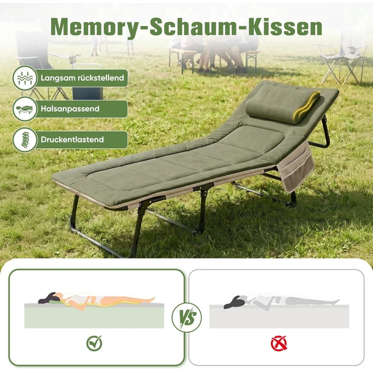 Sekey Feldbett Verstellbar Campingbett Klappbar Gästebett mit Matratze und Kissen, 193 x 70 x 29 cm, Grün – Bild 3
