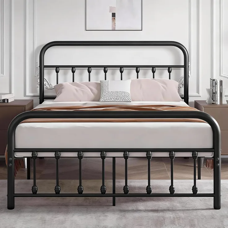 Metallbett 140x200 cm Bettrahmen mit Hohem Kopfteil, Stabiles Bettgestell Doppelbett aus Metall mit Lattenrost, Metall Gästebett Jugendbett, Viel Stauraum unter dem Bett, Schwarz