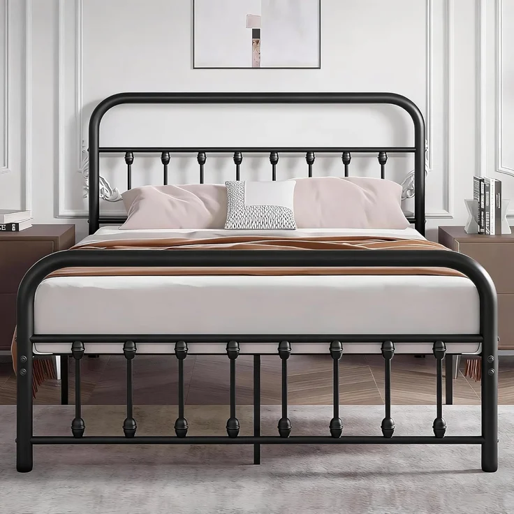 Metallbett 140x200 cm Bettrahmen mit Hohem Kopfteil, Stabiles Bettgestell Doppelbett aus Metall mit Lattenrost, Metall Gästebett Jugendbett, Viel Stauraum unter dem Bett, Schwarz – Bild 1