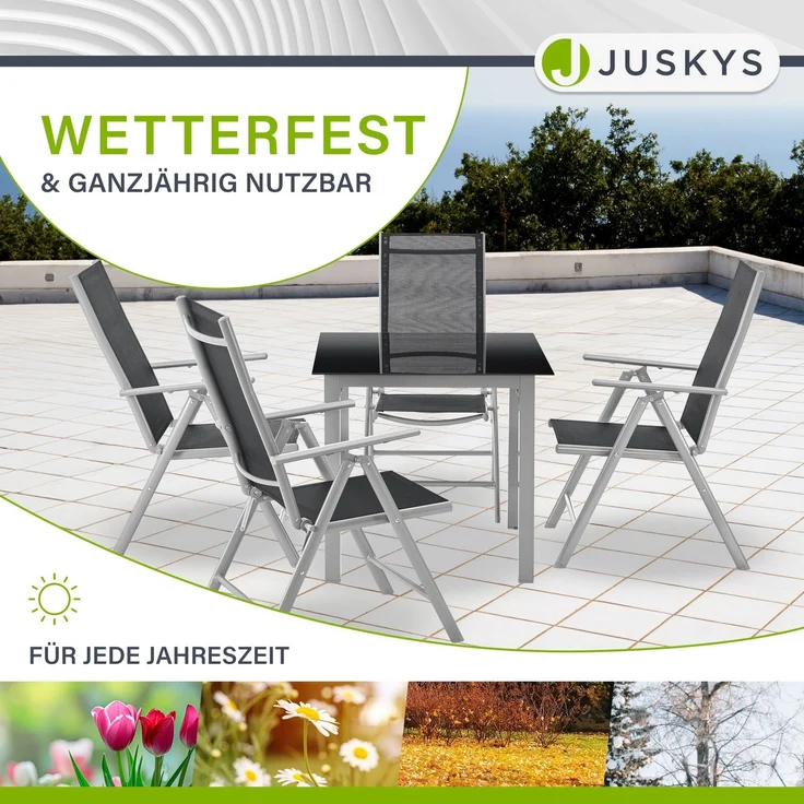 Juskys Aluminium Gartengarnitur Milano 4+1 — 4 Hochlehner Stühle verstellbar & klappbar mit Tisch — Gartenmöbel Set 5-teilig wetterfest — Silber – Bild 8