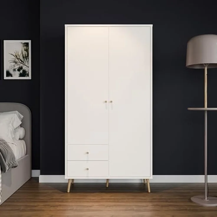 Forte HARLLSON Kleiderschrank 100 110, Mid-Century-Modern Stil, leichte Montage Dank EasyKlix by Forte, 2-türig, 2 Schubladen, Holzwerkstoff, Weiß, 104,5 cm breit x 201,7 cm hoch x 52,2 cm tief – Bild 2