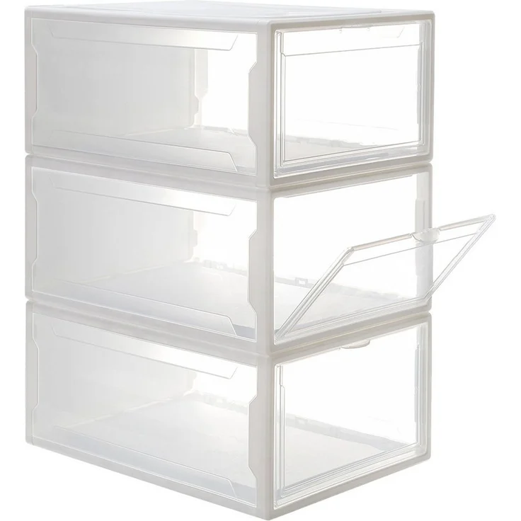Yorbay Schuhbox 3er Set Schuhbox, stapelbarer Schuhorganizer, Schuhaufbewahrung (Kunststoffbox mit halbdurchsichtige Tür), Halbdurchsichtig weiß, für Schuhe bis Größe 48 – Bild 1