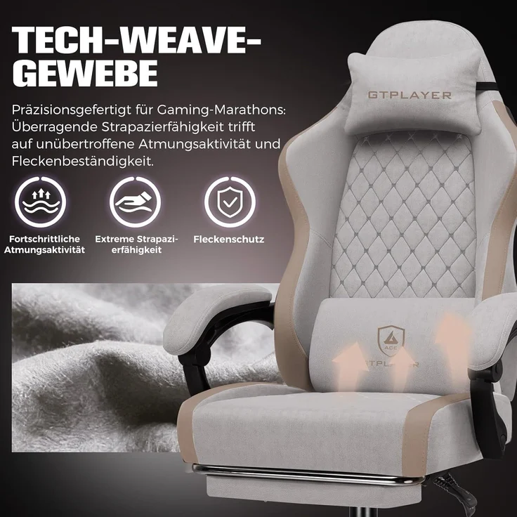 GTPLAYER Gaming Stuhl Ergonomischer, PC Stuhl Atmungsaktiver Stoff, Groß und Hoch Drehbarer Schreibtischstuhl mit Fußstütze,Verstellbare Lendenwirbelstütze und Kopfstütze,Hellbraun – Bild 9