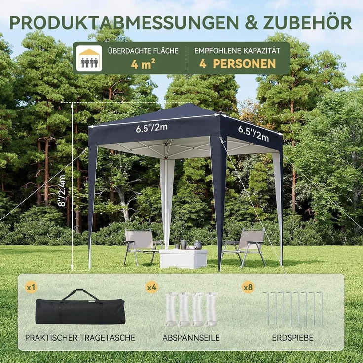 Aoxun Pop Up Pavillon 2x2m Wasserdicht, Metallrahmen-Schutzzelt, Höhe Verstellbar, Faltpavillon 2x2 mit Tragetasche für Camping Party, Blau – Bild 2