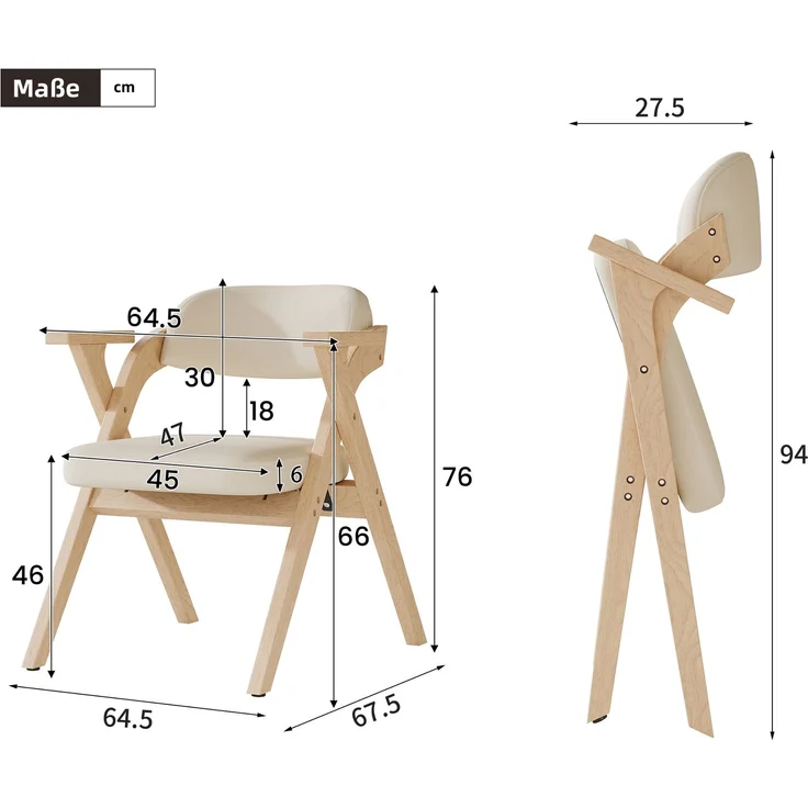 4 klappbare Esszimmerstühle, Esszimmerstühle aus Massivholz, bequem und atmungsaktiv, faltbar und verstaubar, geeignet für Esszimmer, Wohnzimmer, Café, moderner Stil, Leinen, Beige--Beige--63.5x66.5x76cm--YOUDENOVA – Bild 4