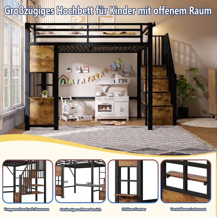 EINHOM Hochbett, 90 x 200 cm, Eisenrahmen, Ablageleiter, Offener Stauraum unter dem Bett, Fenstergestaltung, Icherheitsgeländer, Schwarz (Ohne Matratze) – Bild 4