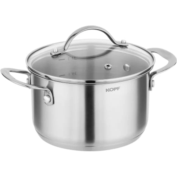 Kopf Topf-Set Clara, Edelstahl, 10-teilig mit 4 Kochtöpfen, Bratpfanne, Schmorpfanne, Stielkasserolle und 3 Glasdeckeln, für alle Herdarten inkl. Induktion, spülmaschinengeeignet und backofenfest – Bild 17