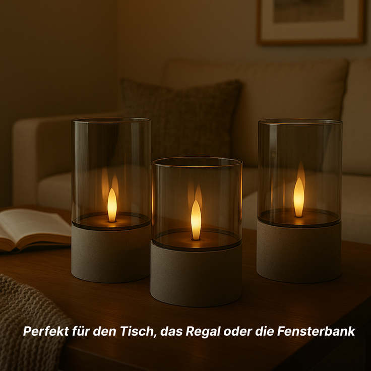 Brilliant Bougie LED-Kerzen 3er-Set - Grau/Rauchglast, warmweiß flackernd, 10 cm,12,5 cm,15 cm, batteriebetrieben, Dekoration für drinnen & draußen – Bild 4