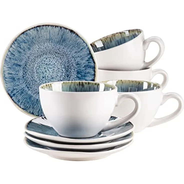 Kaffeetassen Set mit Untertassen für 4 Personen aus schöner Keramik, Cappuccinotassen mit gesprenkelter Glasur, organische Formen im Vintage Look; Blau