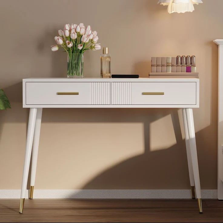 EINHOM Schminktisch, Frisiertisch, Schreibtisch mit 2 Schubladen, Metallfüße, weiß, Maße: H 76 cm × B 100 cm × T 40 cm(ohne Spiegel) – Bild 1