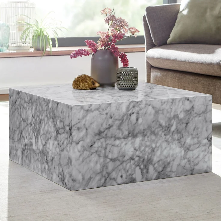 Couchtisch Monobloc 60x30x60cm Hochglanz Marmoroptik Weiß Quadratisch – Bild 4