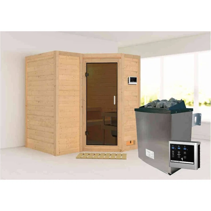 Karibu Sauna Sahib 1 + 9kW Saunaofen mit ext. Steuerung Easy Energiespartür – Bild 5
