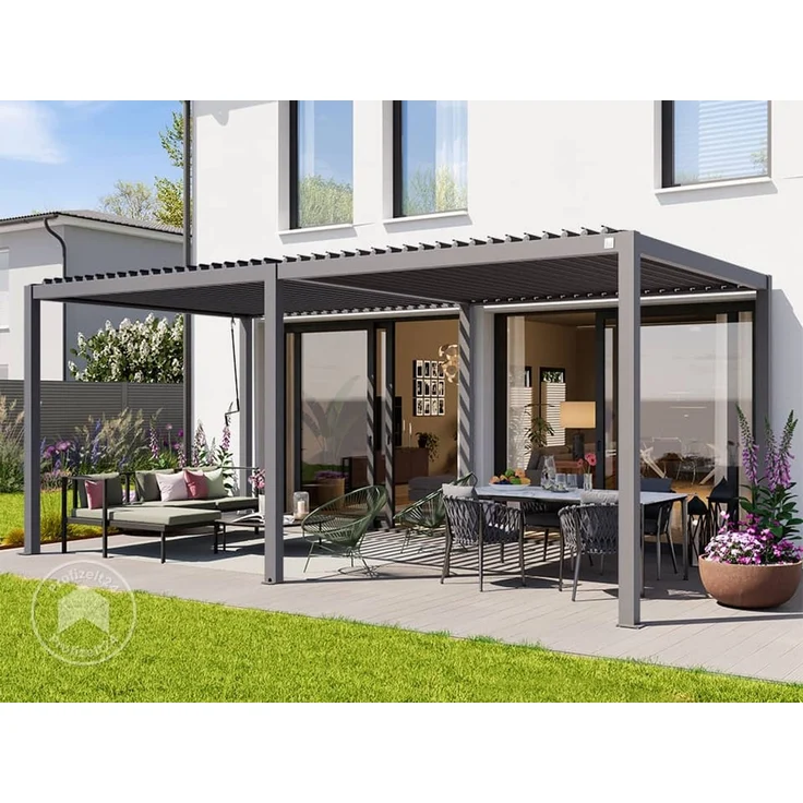 PRIMEYARD Pergola 3x6 m Aluminium-Pfosten mit Lamellendach aus Stahl graue Terrassenüberdachung – Bild 2