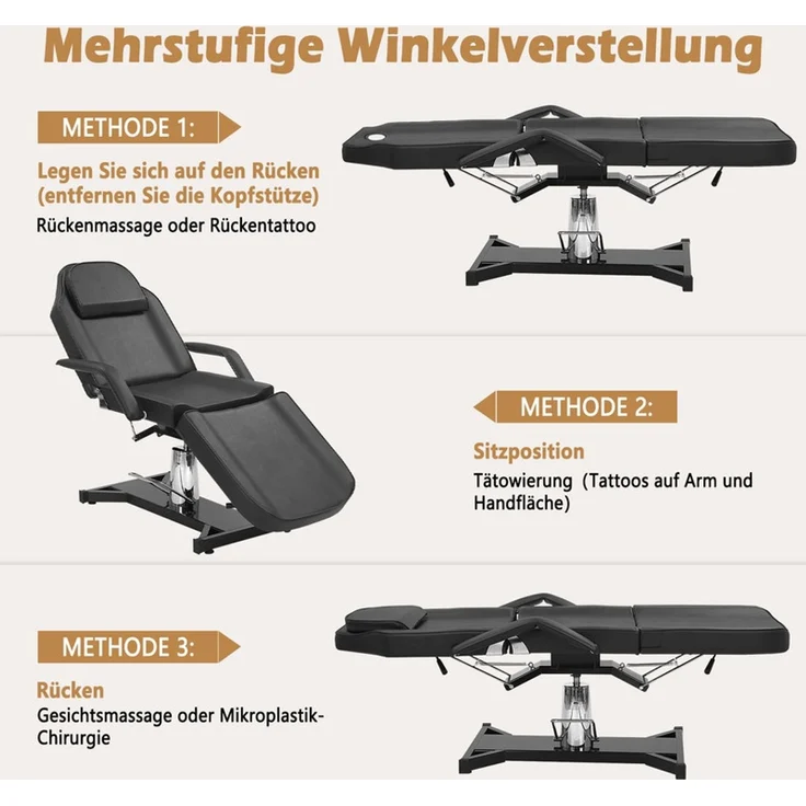 HOME NATURE WOHNKONZEPT Kosmetikliege hydraulisch, klappbare 3-Zonen Massageliege, Tattoo Liege 182x81x64 cm, Schwarz – Bild 4