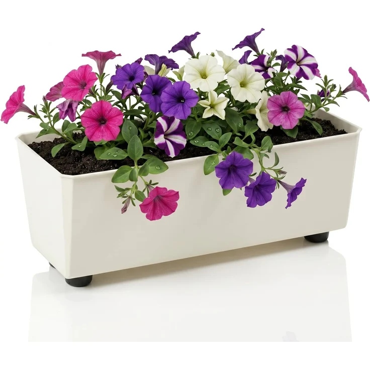 LAMELA Rechteckiger Pflanzkasten mit eleganten Füßen – Cremefarbener Blumenkübel aus robustem Kunststoff 37x17 cm, 6L – Wetterfest & Pflegeleicht - für Innen & Außen, Cremig
