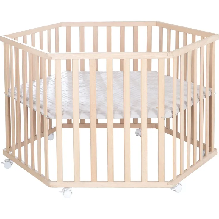 roba Laufgitter 6-eckig + Schutzeinlage 'Lil Planet' grau - Spielgitter hexagonal aus Bio-Buche - 3-fach höhenverstellbar - Massivholz