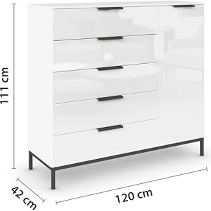 Rauch Möbel Flipp, Kommode mit Stauraum für Wohnzimmer, Schlafzimmer, 2 Fachböden, mit Metallkufe graphit, Alpinweiß/Glasfront Weiß, 1-türig, 5 Schubkästen, Griffe graphit, 120 x 111 x 42 cm – Bild 4