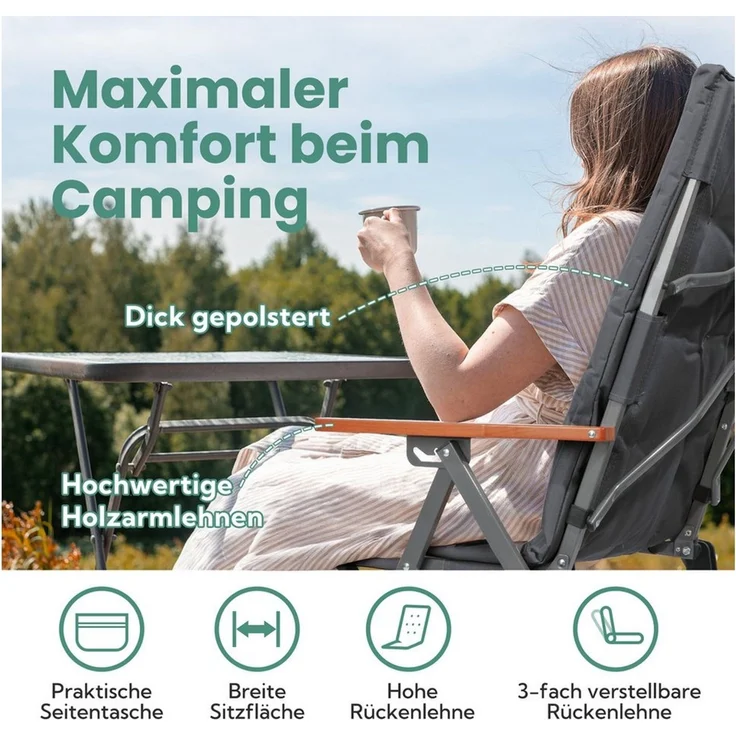 HOMECALL Campingstuhl Faltbar Hochlehner Luxus Klappstuhl mit 4,5cm Dicke Gepolstert (150kg Belastbar mit 3 Positionen Verstellbar Angelstuhl, 1 St), für Garten Balkon Wohnmobil – Bild 2