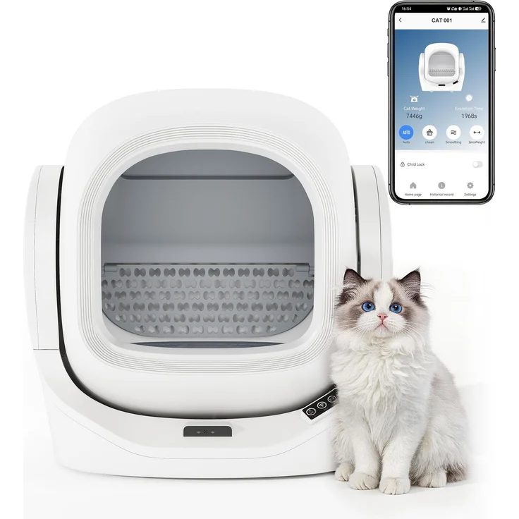 Intelligente automatische Katzentoilette mit App-Steuerung, 68L Großraum, 8L Abfallbehälter, Aromabox, Infrarot-Sicherheit, für 1–2 Katzen, selbstreinigend, leise, kindersicher--Weiß--53x45.5x56.5cm--YOUDENOVA – Bild 1