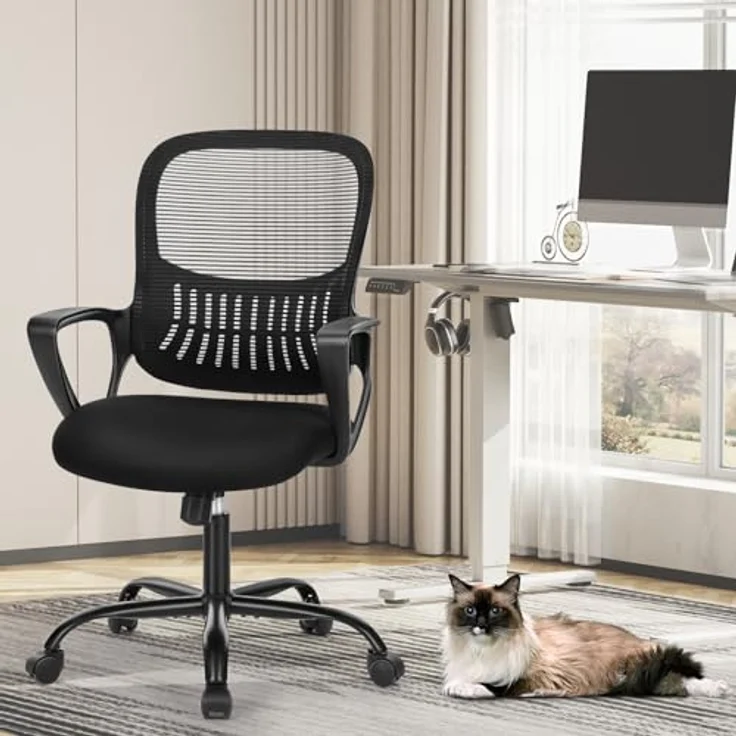 Sweetcrispy Bürostuhl Ergonomisch, Schreibtischstuhl mit Lendenwirbelstütze, Verstellbaren Armlehnen Drehstuhl, Höhenverstellbarer Office Chair, Bürostühle Geeignet für Büro und Schlafzimmer (Schwarz) – Bild 3