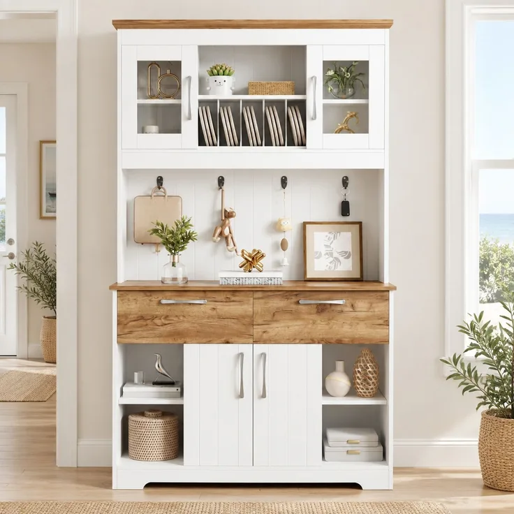 DESVIAE Sideboard mit Vitrinenfächern und 2 Schubladen 106x176,5x39 cm Spanplatte Weiß/Holzfarben