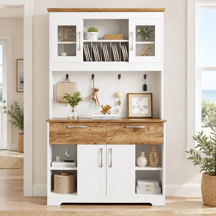 DESVIAE Sideboard mit Vitrinenfächern und 2 Schubladen 106x176,5x39 cm Spanplatte Weiß/Holzfarben – Bild 1