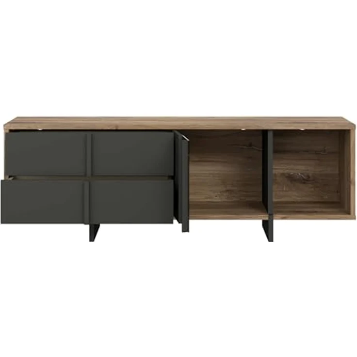 Forte JOKKAZ TV-Schrank 160, TV-Lowboard, 1 Tür, 2 Schubladen, Wohnzimmer, Holzwerkstoff, Flagstaff Eiche Holzdekor/Schwarz, 159,6 cm breit x 53,7 cm hoch x 42,0 cm tief – Bild 6