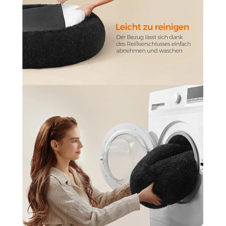 Feandrea Hundebett flauschig, Katzenbett, Donut Kissen, waschbar, Polsterung in der Mitte herausnehmbar, Langer Plüsch, 100 cm Durchmesser, tintenschwarz PGW042B01 – Bild 7