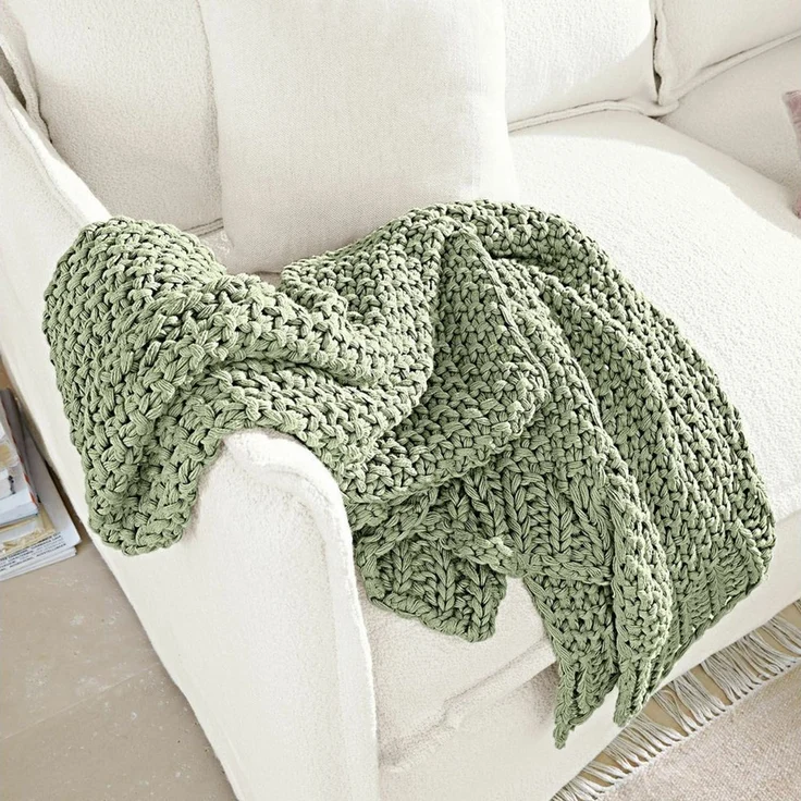 Mirabeau Tagesdecke Plaid Plixoren hellgrün, Strickmuster, Angenehm weich, Dekorativer Grobstrick, Reine Baumwolle – Bild 2