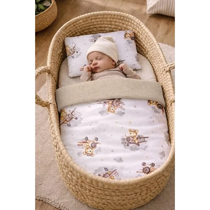 Babynest Nestchen Baby Set für Neugeborene – 5-teilig – Kuschelnest aus 100% Baumwolle & Waffelpique – Babykokon tragbar – für Babybett, Kinderbett & Kinderwagen – OEKO-TEX - Flugzeuge und Sand – Bild 5