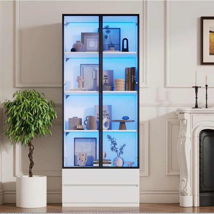 DESVIAE Regal-Vitrine Weiß aus Spanplatte – 80x200x34 cm – LED-Beleuchtung, 2 Schubladen – Bild 5