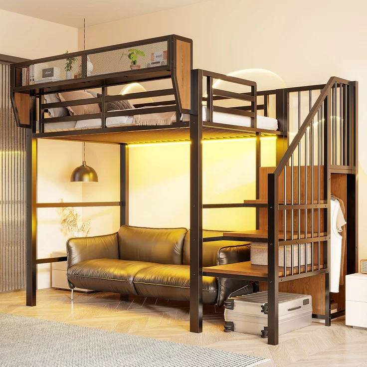 ZUBALIYA Hochbett 90 × 200 cm, Metall, LED-Beleuchtung, Leiter, Schwarz – Bild 4