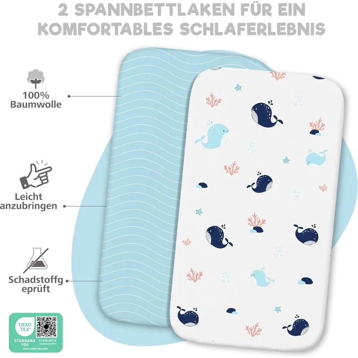 2X Spannbettlaken aus 100% Baumwolle mit Gummiband - 1X Matratzenschoner aus 100% wasserdichtem Material - 3er-Set - 50x83 cm - Ozean – Bild 3