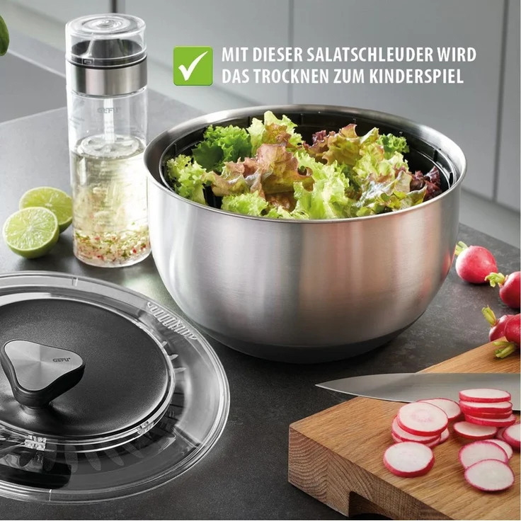 GEFU Salatschleuder Edelstahl inkl. Frischhaltedeckel, 4,5 L – Bild 3