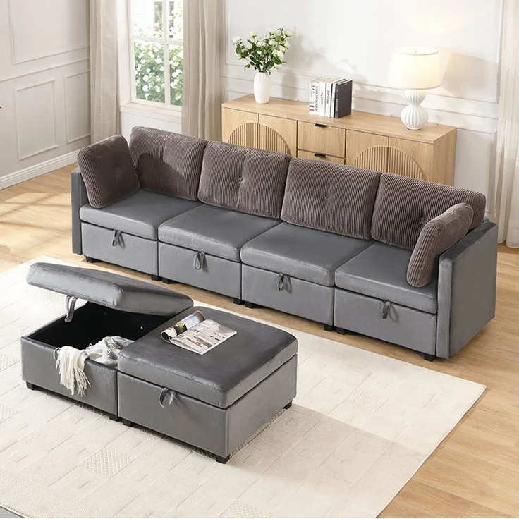 Modulares U-Sofa, Samt & Cord mit Stauraum, 261x132,5x85 cm, Antikgrau – Bild 2