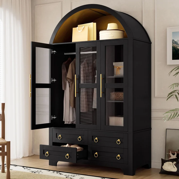 Kleiderschrank 110x50x186 cm in Schwarz mit 3 Glastüren, 4 Schubladen und App-LED – Bild 4