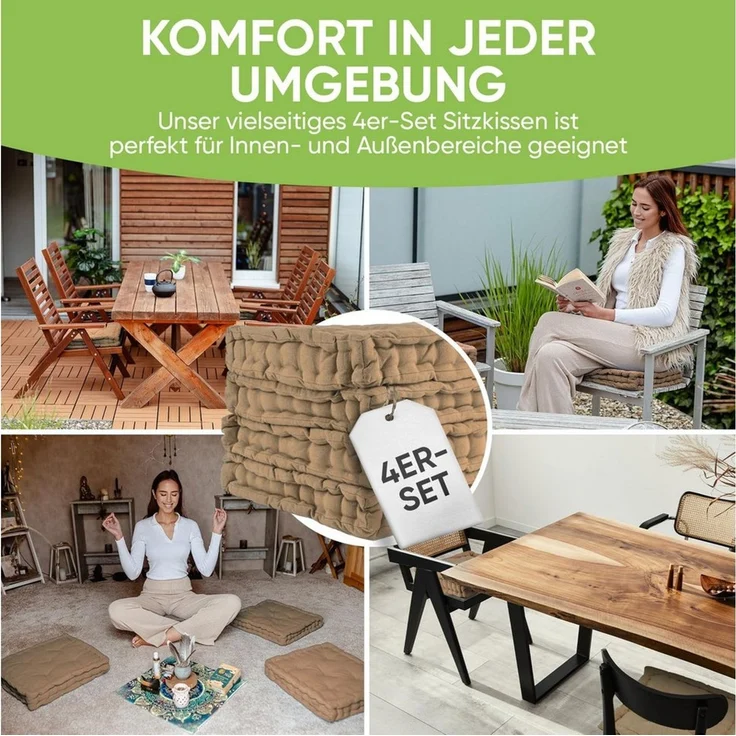 Gräfenstayn Sitzkissen 4er Set 40x40 cm mit 8 cm Polsterung aus 100 % Baumwolle -, robustes Sitzkissen für Indoor & Outdoor, bequemes Bodenkissen – Bild 4
