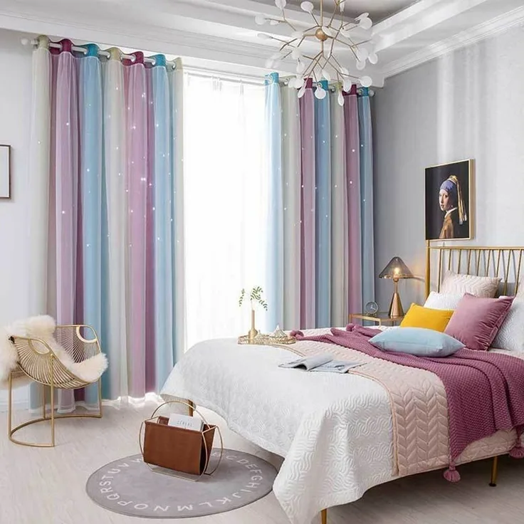 TUWENA Verdunkelungsvorhang Verdunkelungsvorhänge, Glänzend Sterne Vorhänge Farbverlauf 2er Set, Sterne Pattern Mix Weiß Voile Vorhänge mit Ösen Schlafzimmer Gardinen