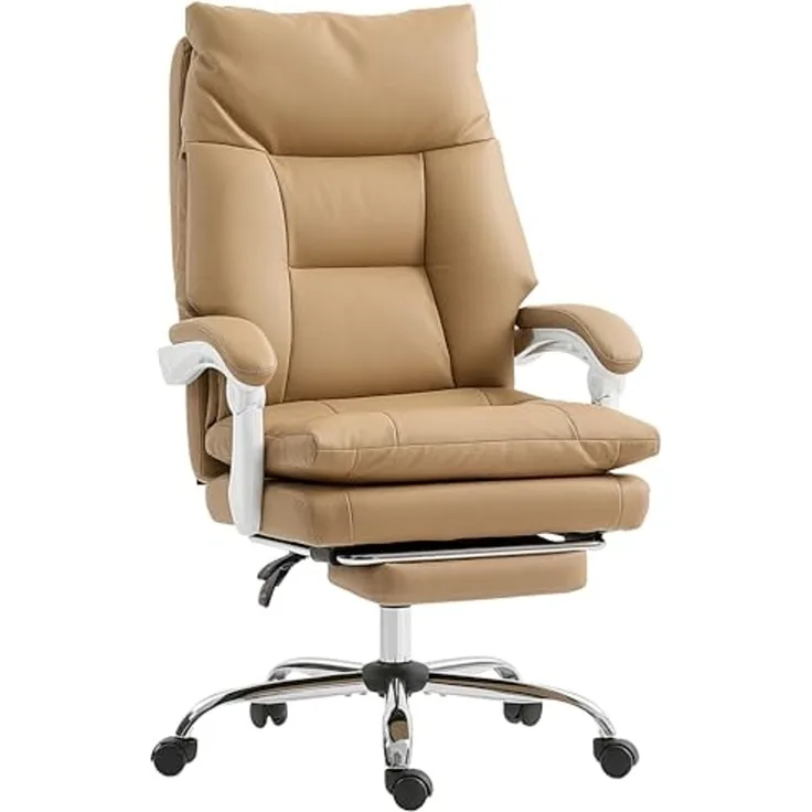 HOMCOM Bürostuhl Ergonomischer Schreibtischstuhl mit Lendenwirbelstütze, Klappbar Armlehne, Fußstütze, Höhenverstellbarer Drehstuhl mit Liegefunktion, Kunstleder, Gepolstert Computerstuhl, Hellbraun