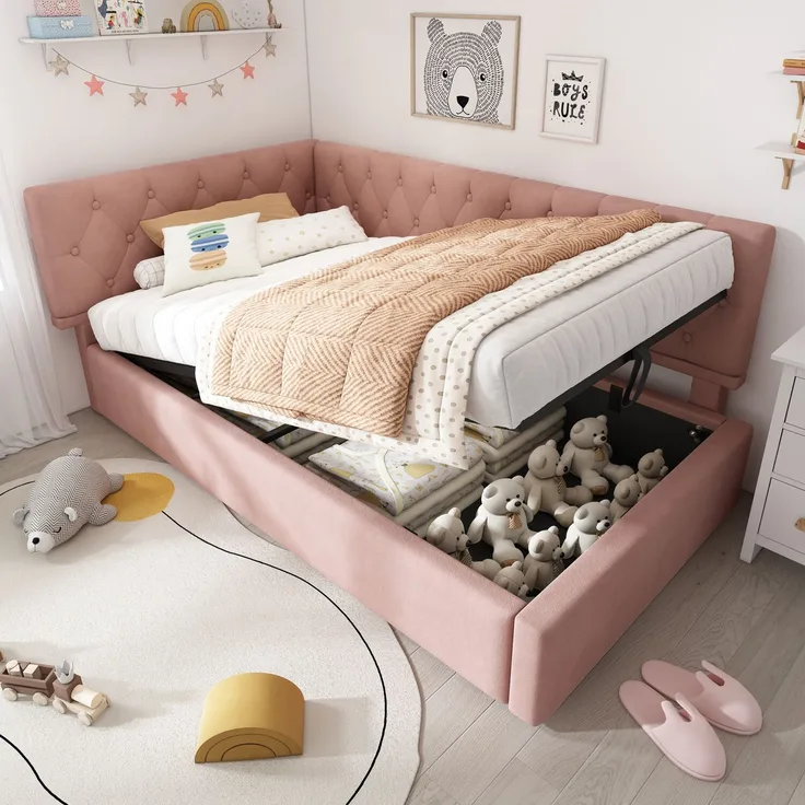 Merax Polsterbett Tagesbett Daybett 90x190cm, Schlafsofa mit hydraulischem Stauraum, Kinderbett Jugendbett Bettgestell mit Lattenrost aus Holz, Samt, Rosa