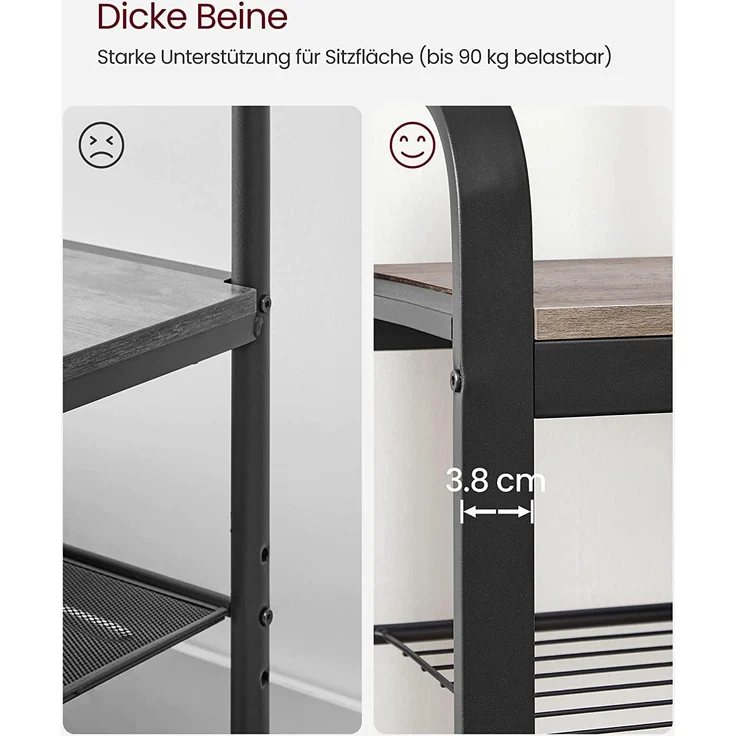 Vasagle Garderobenständer, Garderobe, Schuhregal mit Sitzfläche, Kleiderständer mit 9 abnehmbaren Haken, Sitzbank, 2 Gitterablagen, 183 cm hoch, Indus [HSR40 MB] – Bild 7
