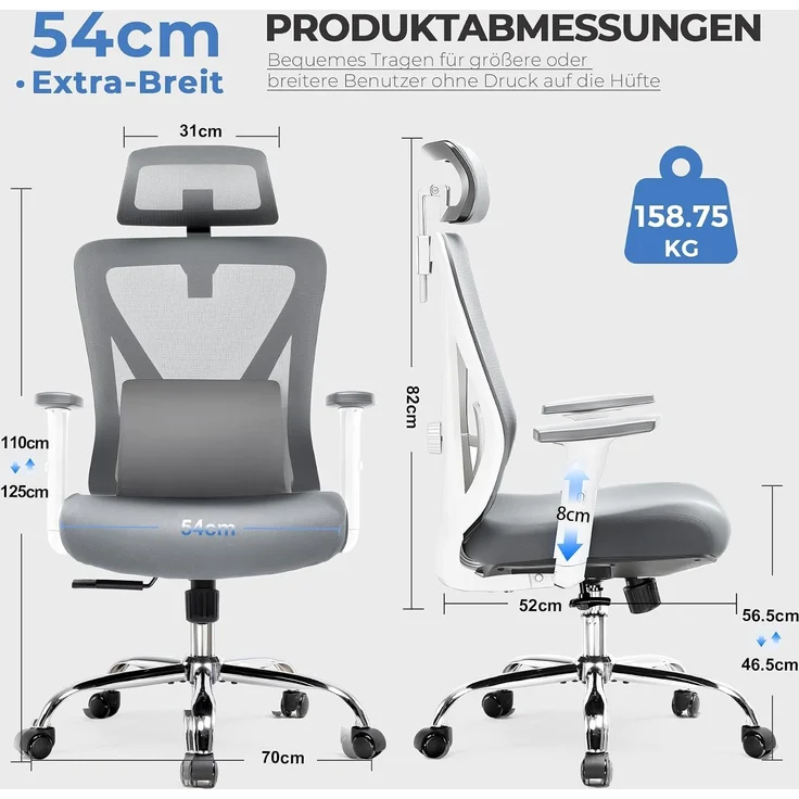 COMHOMA Bürostuhl Ergonomisch [TESTSIEGER], Schreibtischstuhl mit 3D-Kopfstütze & 3D-Lendenwirbelstütze, verstellbare Armlehnen, Office Chair mit Wipp- und Kippfunktion,Belastung bis 150KG, Grau – Bild 2