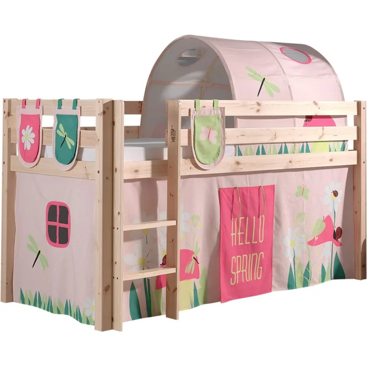 Spielbett Pino mit Textilset Vorhang, Tunnel und 3 Taschen "Spring", Kiefer massiv natur
