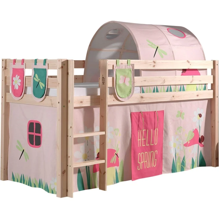 Spielbett Pino mit Textilset Vorhang, Tunnel und 3 Taschen "Spring", Kiefer massiv natur – Bild 1