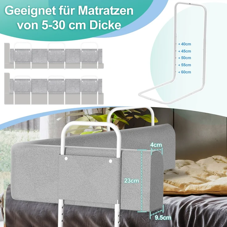 Eikuavons 1x Bettgitter 180cm Grau, höhenverstellbares Bettschutzgitter, Kinderbettgitter Babybettgitter Rausfallschutz für Familienbett & Kinderbett, Perlbaumwolle, Grau – Bild 2