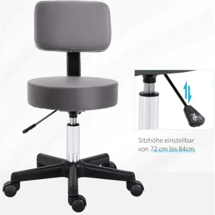 HOMCOM Rollhocker Höhenverstellbarer Arbeitshocker mit Lehne, Drehbarer Salon Hocker für Massage Büro Kunstleder Grau Ø35x72-84 cm – Bild 7