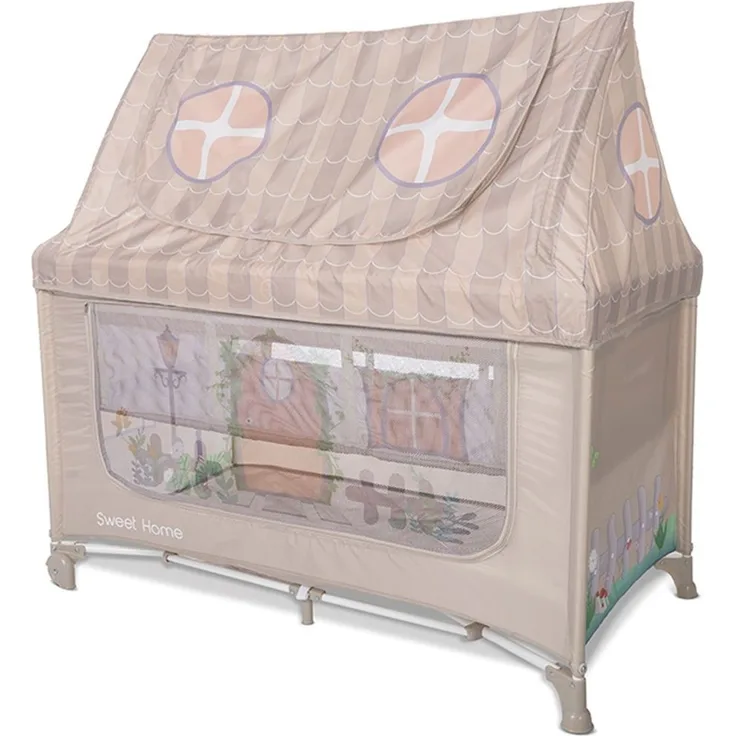 Lorelli Reisebett Sweet Home 2 Ebenen Laufstall mit Dach faltbar Räder Matratze beige