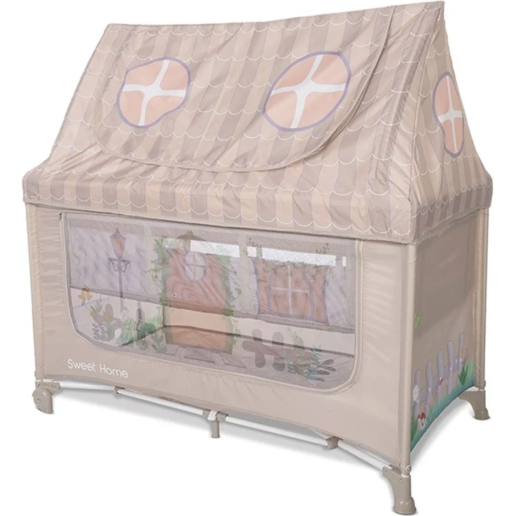 Lorelli Reisebett Sweet Home 2 Ebenen Laufstall mit Dach faltbar Räder Matratze beige – Bild 1