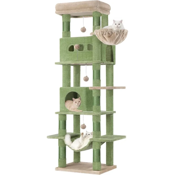 Kratzbaum groß, 170 cm hoch, Katzenbaum, mit 8 Kratzbäume, 2 Höhlen, groß Plattformen, Waschbare Matte, Hängematte, Plüschbälle, mehrstöckiger katzenkratzbaum, Grün Braun
